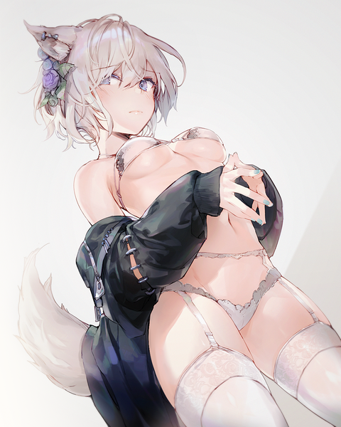 Anime picture 1080x1350 with original yatsuha (hachiyoh) single tall image looking at viewer blush fringe short hair breasts blue eyes light erotic simple background hair between eyes standing animal ears silver hair tail nail polish animal tail hair flower