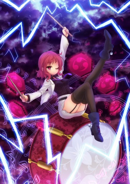 Anime picture 1013x1433 with touhou horikawa raiko miruki (artist) single tall image short hair red eyes red hair one eye closed wink legs lightning girl thighhighs dress black thighhighs boots musical note
