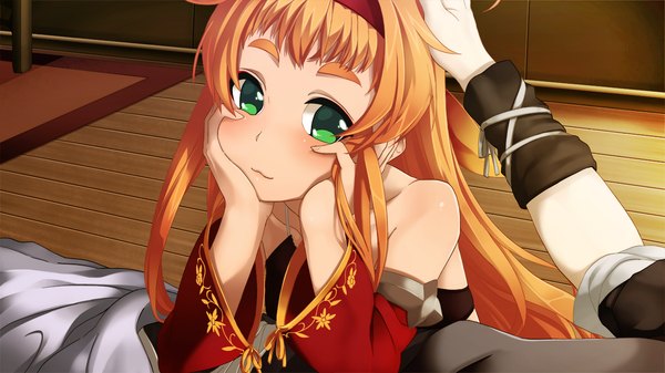 Anime picture 1280x720 with sangoku hime unicorn-a long hair blush wide image green eyes game cg orange hair girl detached sleeves