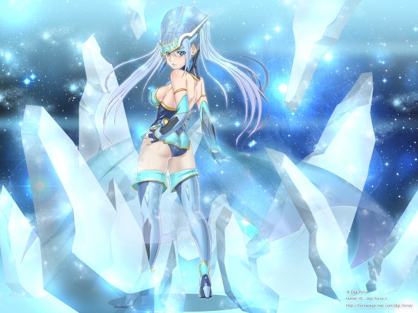 Anime picture 1200x900 with tiger & bunny sunrise (studio) karina lyle blue rose (tiger & bunny) kimura tatsuki single long hair blue eyes light erotic twintails blue hair looking back hand on hip girl gloves elbow gloves fingerless gloves thigh boots ice