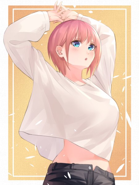 Anime picture 1800x2400 with go-toubun no hanayome nakano ichika to gemichi single tall image looking at viewer blush fringe highres short hair breasts open mouth blue eyes simple background standing pink hair long sleeves arms up :o midriff