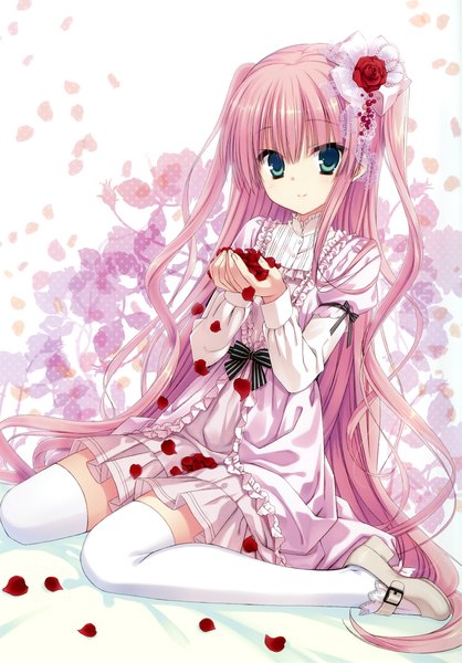 Anime picture 2220x3184 with original muririn single long hair tall image looking at viewer highres sitting green eyes pink hair light smile two side up wariza girl thighhighs dress hair ornament flower (flowers) petals white thighhighs