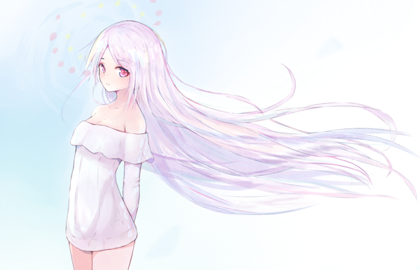 Anime picture 1400x903 with original hyakunin momoko single looking at viewer simple background standing bare shoulders silver hair very long hair pink eyes light smile gradient background floating hair hands behind back girl dress white dress short dress