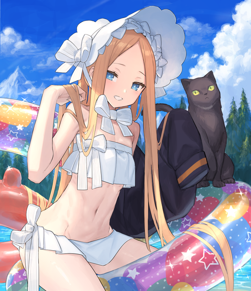 Anime picture 861x1000 with fate (series) fate/grand order abigail williams (fate) abigail williams (swimsuit foreigner) (fate) chorefuji single long hair tall image looking at viewer blue eyes light erotic blonde hair smile sitting sky cloud (clouds) sparkle grin adjusting hair girl
