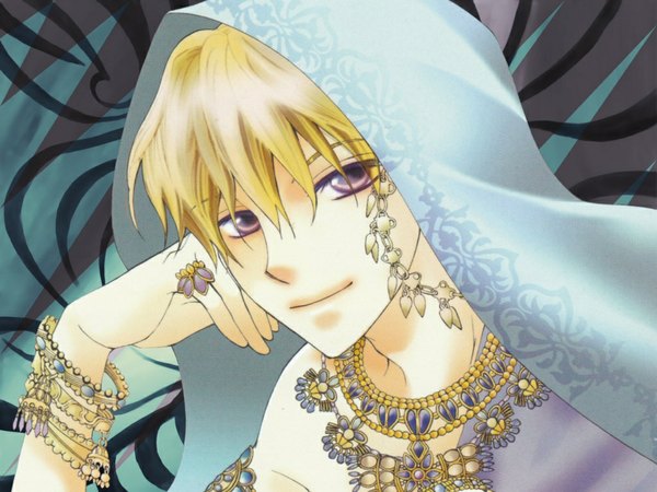 Anime picture 1024x768 with ouran high school host club studio bones suou tamaki short hair blue eyes blonde hair smile bare shoulders cosplay boy bracelet jewelry ring necklace shawl