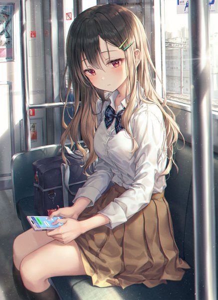 Anime picture 1875x2572 with original r o ha single long hair tall image looking at viewer blush fringe highres hair between eyes red eyes brown hair sitting holding indoors pleated skirt sunlight twisty sleeves train interior girl