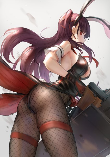 Anime picture 704x1000 with girls frontline wa2000 (girls frontline) qian wu atai single long hair tall image looking at viewer blush fringe breasts light erotic simple background red eyes large breasts standing animal ears cleavage purple hair ass tail