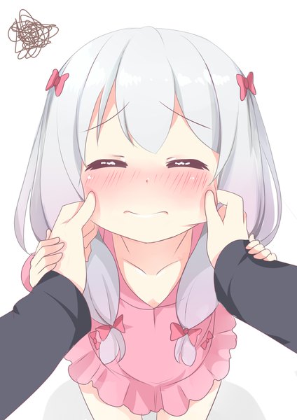 Anime picture 2893x4092 with eromanga sensei a-1 pictures izumi sagiri agung syaeful anwar long hair tall image blush fringe highres simple background standing white background silver hair eyes closed solo focus pov holding arm hands on another's face cheek pinching girl