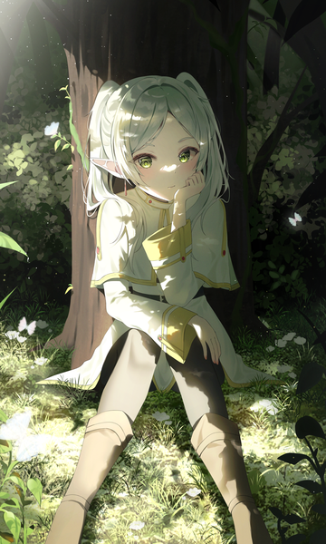 Anime picture 2000x3333 with sousou no frieren frieren tess (88884) single long hair tall image looking at viewer blush highres sitting twintails green eyes long sleeves pointy ears grey hair sunlight wide sleeves elf head rest hand on knee