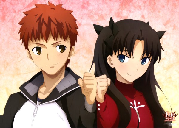 Anime picture 8468x6079 with fate (series) fate/stay night type-moon toosaka rin emiya shirou long hair highres short hair blue eyes black hair smile brown hair brown eyes absurdres official art couple girl boy bow hair bow