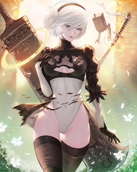 Anime picture 1000x1250 with nier nier:automata yorha no. 2 type b pod (nier:automata) mcdobo single tall image looking at viewer fringe short hair breasts blue eyes light erotic hair between eyes standing outdoors white hair arm up light smile wind