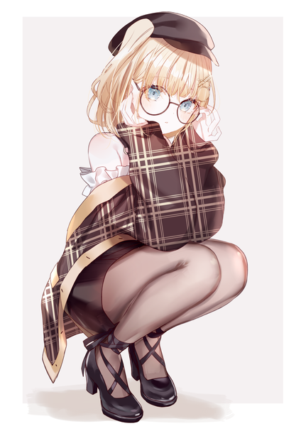 Anime picture 1413x2000 with virtual youtuber hololive hololive english watson amelia sinsihukunokonaka single tall image short hair blue eyes simple background blonde hair full body grey background high heels one side up official alternate costume border squat plaid girl