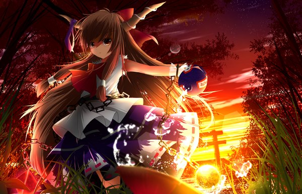 Anime picture 1185x765 with touhou ibuki suika pengin (takeoff425) single long hair brown hair brown eyes sky cloud (clouds) horn (horns) evening sunset girl dress bow plant (plants) tree (trees) chain grass torii