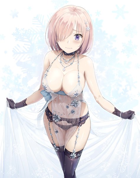 Anime picture 1442x1822 with fate (series) fate/grand order artoria pendragon (all) mash kyrielight artoria pendragon (lancer alter) akita hika single tall image blush fringe short hair breasts light erotic large breasts standing purple eyes bare shoulders holding pink hair cleavage