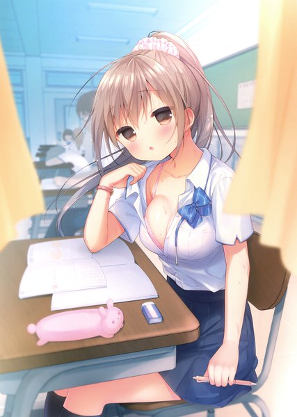 Anime picture 2489x3500 with original usashiro mani long hair tall image looking at viewer blush highres breasts open mouth light erotic brown hair brown eyes ponytail scan official art girl uniform school uniform shirt white shirt
