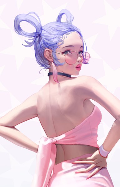 Anime picture 1078x1680 with original wonbin lee single tall image looking at viewer short hair breasts simple background standing white background bare shoulders blue hair nail polish looking back fingernails from behind grey eyes lipstick back bare back