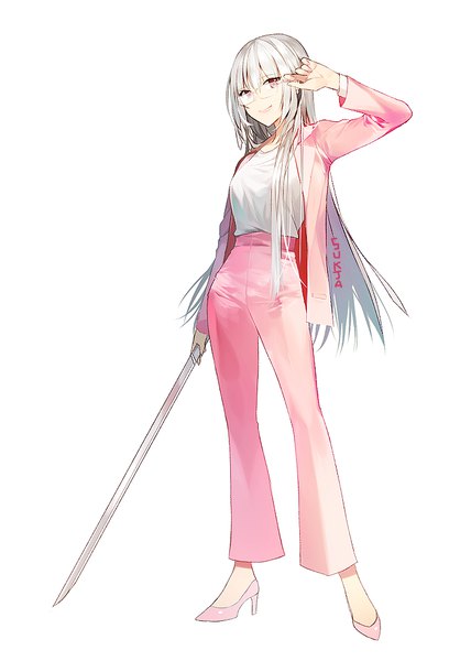 Anime-Bild 700x980 mit original sorolp single long hair tall image looking at viewer fringe simple background smile hair between eyes red eyes standing white background holding signed silver hair full body adjusting glasses girl weapon