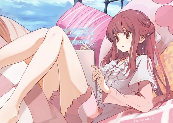 Anime picture 3683x2609 with shelter (music video) rin (shelter) chamu (chammkue) single long hair highres red eyes signed looking away absurdres red hair bare legs legs twitter username half updo girl earrings pillow stud earrings drawing tablet