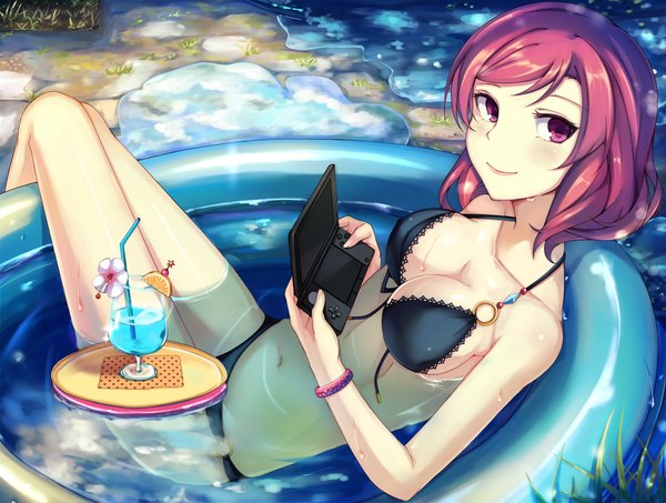 Anime picture 1323x1000 with love live! school idol project sunrise (studio) love live! nishikino maki kalian single looking at viewer blush short hair breasts light erotic smile large breasts purple eyes bare shoulders cleavage red hair lips bare belly turning head