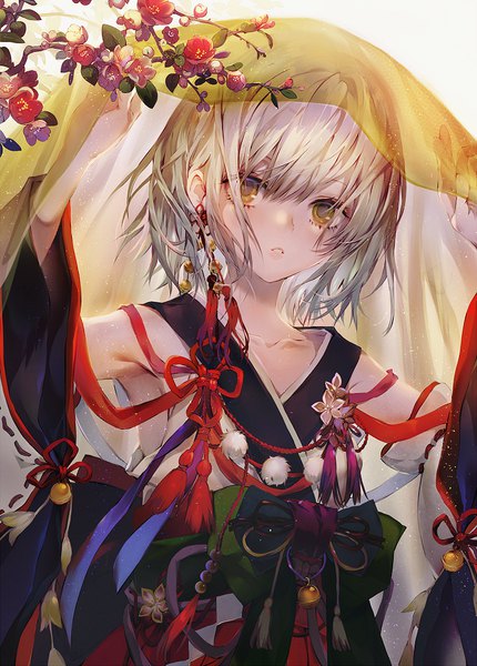 Anime picture 716x1000 with original tsukioka tsukiho single tall image looking at viewer blush fringe short hair simple background hair between eyes holding brown eyes silver hair upper body traditional clothes parted lips japanese clothes lips wide sleeves arms up