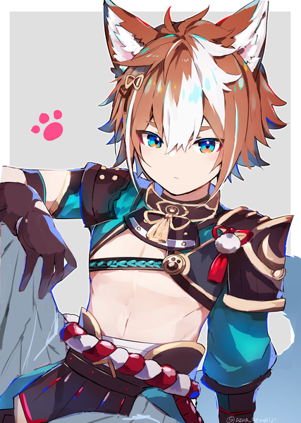 Anime picture 2095x2942 with genshin impact gorou (genshin impact) azna single tall image fringe highres blue eyes simple background hair between eyes brown hair signed animal ears white hair tail animal tail multicolored hair grey background two-tone hair twitter username