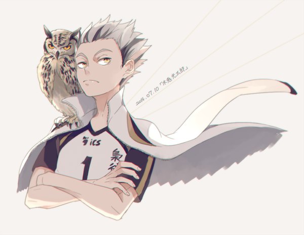 Anime picture 900x696 with haikyuu!! production i.g bokuto koutarou o-ishi single short hair simple background yellow eyes looking away upper body grey hair dated crossed arms clothes on shoulders spiked hair animal on shoulder bird on shoulder boy uniform animal