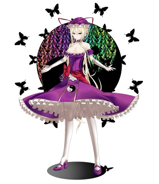 Anime picture 2600x3000 with touhou yakumo yukari shinoi (artist) long hair tall image highres blonde hair standing white background purple eyes cleavage girl dress gloves headdress insect butterfly