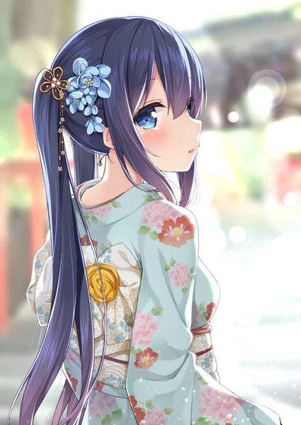 Anime picture 752x1062 with original rakugaki-chan karutamo single long hair tall image looking at viewer blush fringe open mouth blue eyes hair between eyes standing twintails payot blue hair traditional clothes japanese clothes looking back hair flower