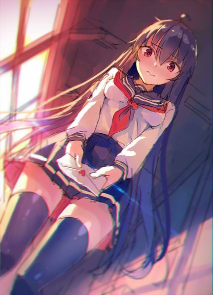 Anime picture 720x1000 with original yasumo (kuusouorbital) single long hair tall image blush fringe breasts black hair red eyes standing holding indoors pleated skirt sunlight from below girl thighhighs skirt uniform