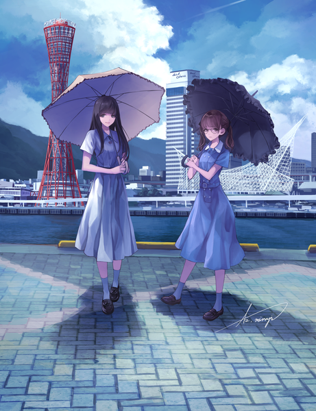Anime picture 3000x3904 with original koh (minagi kou) long hair tall image looking at viewer fringe highres black hair brown hair standing twintails multiple girls holding brown eyes signed sky cloud (clouds) full body outdoors blunt bangs