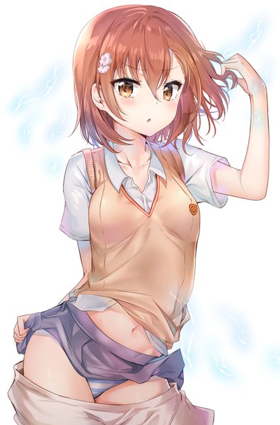 Anime picture 1340x2030 with to aru kagaku no railgun to aru majutsu no index j.c. staff misaka mikoto nyung single tall image looking at viewer blush fringe short hair breasts light erotic simple background hair between eyes brown hair standing brown eyes parted lips hair flower