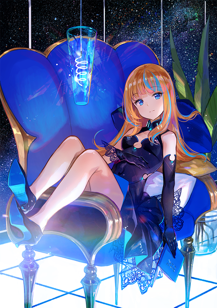 Anime picture 845x1200 with original fuzichoco single long hair tall image looking at viewer fringe breasts blue eyes brown hair holding payot full body blunt bangs head tilt multicolored hair night two-tone hair high heels night sky