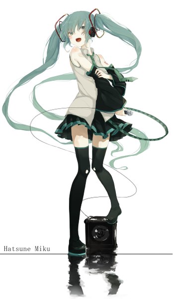 Anime picture 701x1207 with vocaloid hatsune miku yushika single tall image blush open mouth twintails bare shoulders very long hair aqua eyes aqua hair character names girl skirt detached sleeves necktie headphones microphone