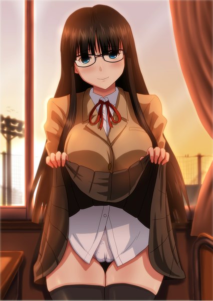 Anime picture 1254x1771 with original kezune (i- -i) single long hair tall image looking at viewer blush blue eyes light erotic black hair skirt lift girl thighhighs skirt underwear panties black thighhighs glasses