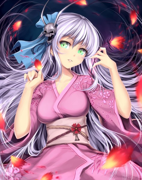 Anime picture 1263x1600 with original atomix single long hair tall image looking at viewer green eyes white hair traditional clothes japanese clothes girl flower (flowers) petals kimono obi skull