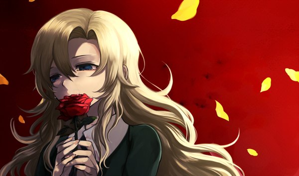 Anime picture 1692x1000 with ib (game) mary (ib) harano single long hair blue eyes simple background blonde hair wide image tears red background girl flower (flowers) petals rose (roses) red rose
