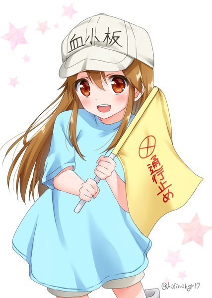 Anime picture 714x1003 with hataraku saibou david production platelet (hataraku saibou) hoshino kagari single long hair tall image looking at viewer blush fringe open mouth hair between eyes red eyes brown hair white background signed :d from above twitter username girl