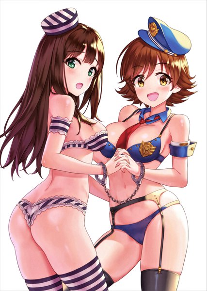 Anime picture 4819x6769 with idolmaster idolmaster cinderella girls shibuya rin honda mio hhama long hair tall image looking at viewer blush fringe highres short hair breasts open mouth light erotic simple background smile hair between eyes brown hair large breasts