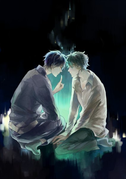 Anime picture 1200x1698 with hz (pixiv1026291) tall image short hair sitting yellow eyes blue hair nail polish barefoot aqua eyes aqua hair tears face to face shounen ai boy shirt socks pants