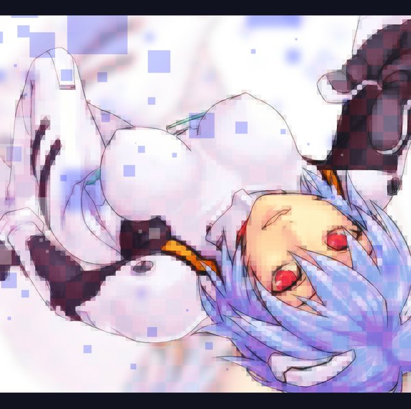 Anime picture 1005x1000 with neon genesis evangelion gainax ayanami rei yuuji (and) single looking at viewer short hair red eyes blue hair lying girl pilot suit