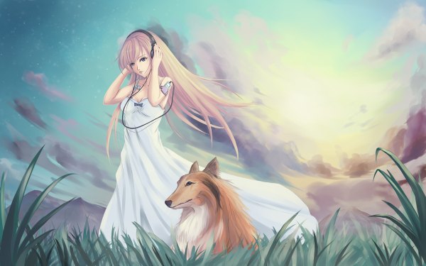 Anime picture 1200x750 with rinbukyoku (artist) single long hair blue eyes blonde hair wide image sky cloud (clouds) collie girl dress plant (plants) white dress headphones grass sundress dog