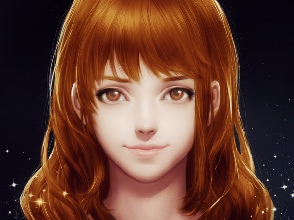 Anime picture 1000x750 with one piece toei animation nami (one piece) shitsu soku k killer4fx single long hair looking at viewer fringe simple background smile payot lips orange hair realistic sparkle orange eyes coloring black background portrait