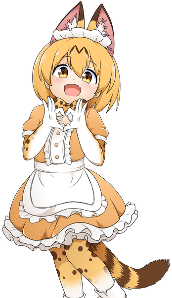 Anime picture 4642x8000 with kemono friends serval (kemono friends) dekodere foo show single tall image looking at viewer fringe highres short hair open mouth blonde hair smile hair between eyes animal ears yellow eyes absurdres tail animal tail maid