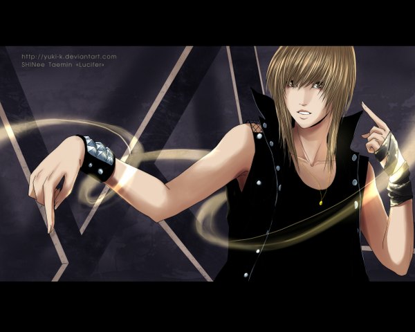 Anime picture 1280x1024 with shinee (group) taemin yuki-k single long hair open mouth simple background blonde hair smile bare shoulders brown eyes yellow eyes light smile inscription shadow light dark background letterboxed boy bracelet