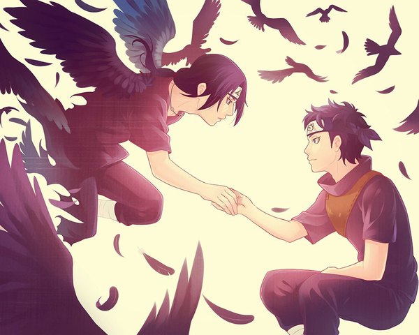 Anime picture 1000x800 with naruto studio pierrot naruto (series) uchiha itachi uchiha shisui yue (pixiv 546606) long hair short hair black hair sitting ponytail profile multiple boys holding hands flying angel wings black wings yellow background akatsuki dissolving