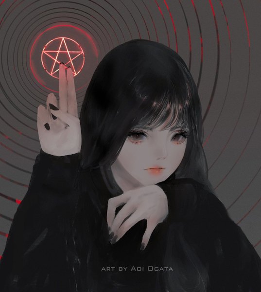 Anime picture 1145x1280 with original aoi ogata single long hair tall image looking at viewer fringe black hair simple background signed upper body nail polish black eyes grey background lipstick victory black nail polish pentagram girl