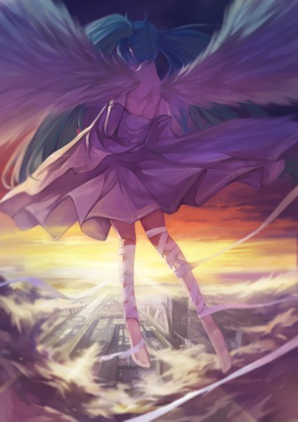 Anime picture 2480x3507 with vocaloid hatsune miku xinuo single long hair tall image fringe highres twintails sky cloud (clouds) bent knee (knees) barefoot aqua hair bare back flying white wings morning sunrise girl