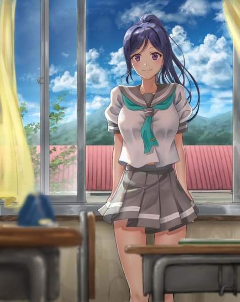 Anime picture 1240x1561 with love live! sunshine!! sunrise (studio) love live! matsuura kanan sugi87 single long hair tall image looking at viewer blush smile standing purple eyes blue hair sky cloud (clouds) ponytail pleated skirt girl skirt