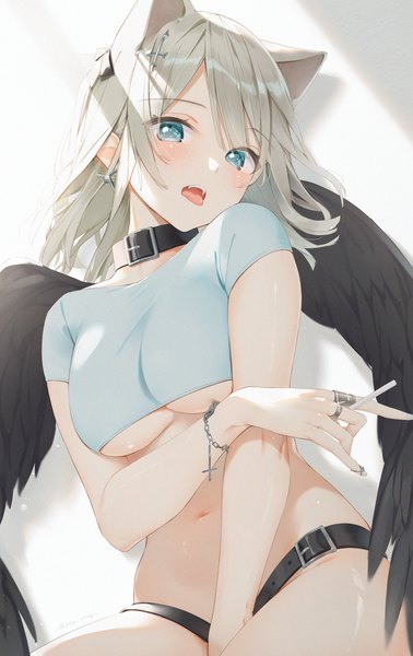 Anime picture 1331x2108 with original kinako (shiratama mochi) single long hair tall image looking at viewer blush fringe breasts open mouth blue eyes light erotic sitting holding signed animal ears grey hair cat ears short sleeves fang (fangs)