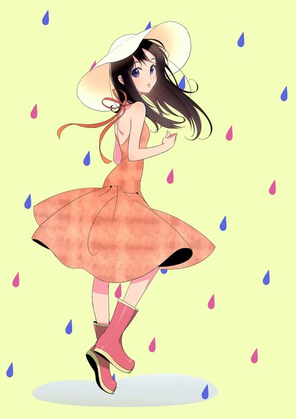Anime picture 1158x1637 with original morikura en single long hair tall image looking at viewer blush black hair simple background purple eyes bare shoulders wind rain jumping girl dress hat water drop puddle rubber boots
